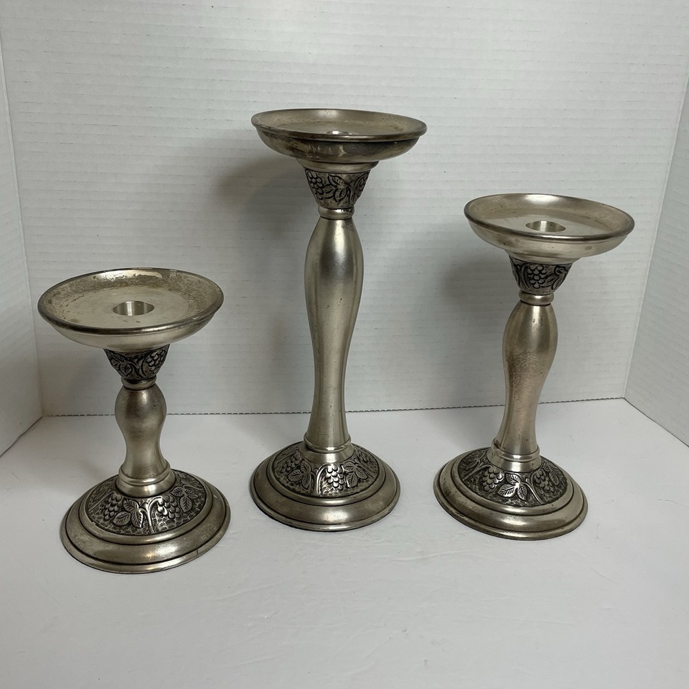 Pottery Barn Candlestick Three Primitive Farmhouse English Cottage Silver tone